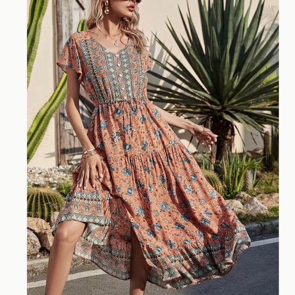 Woman’s Multi Color Boho Midi Dress - Picture 1 of 8
